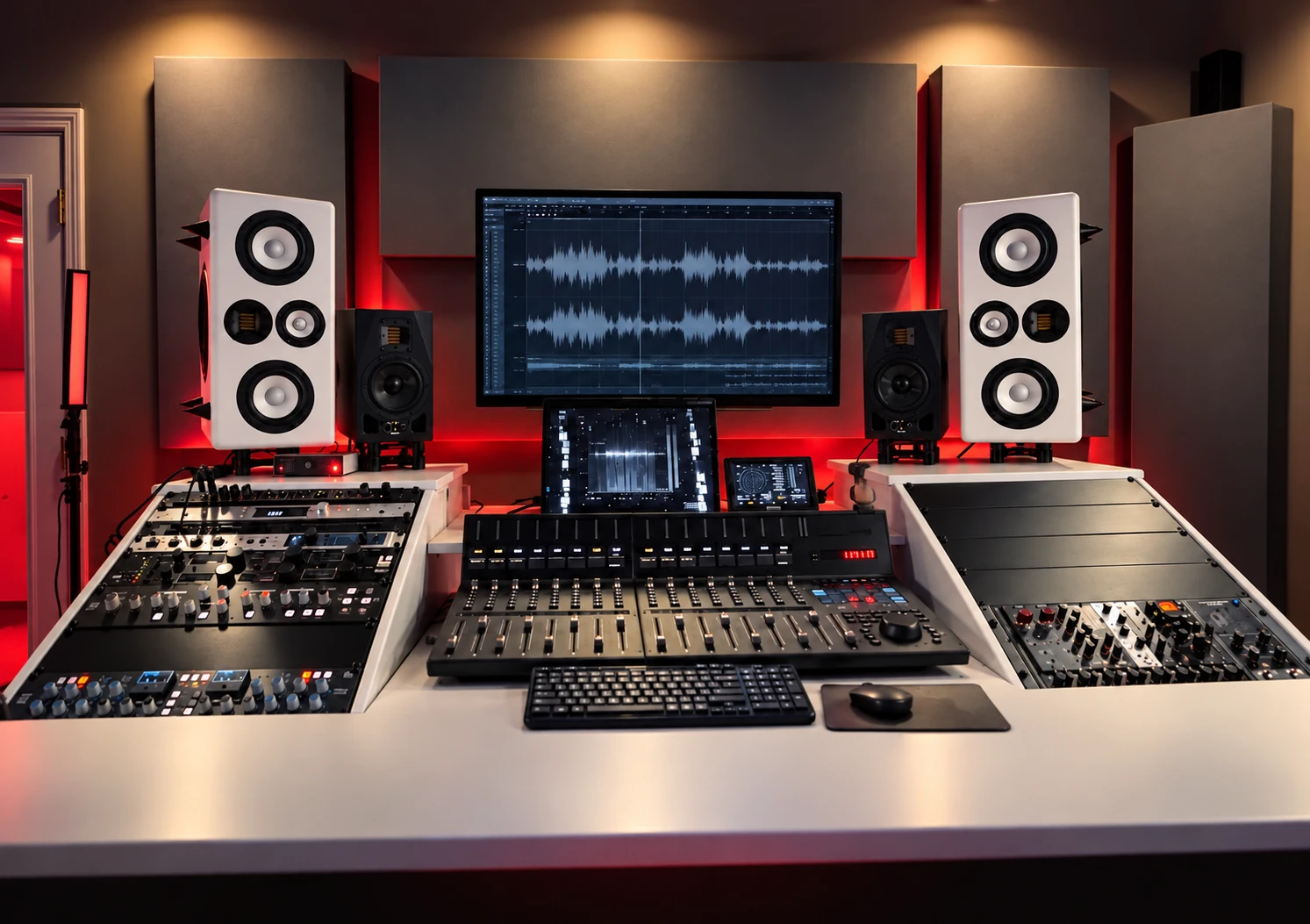 The 10Hz Studio control room with white monitors, acoustic treatment, and hybrid audio equipment